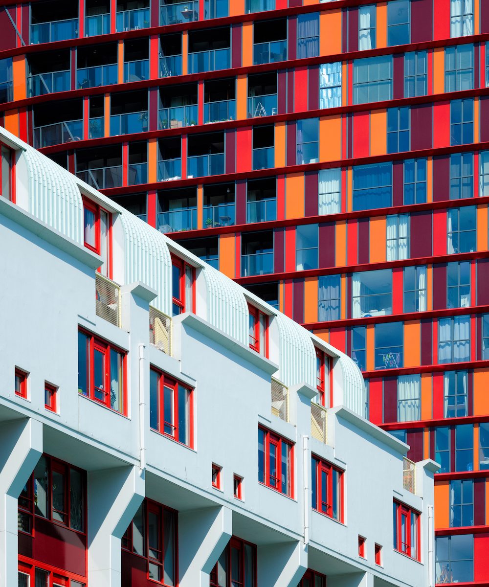 Modern residential building house facade with windows and balconies. Rotterdam (famous for modren architecture), Netherlands